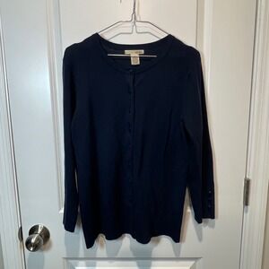 Evie Navy Button Front Cardigan Women's Large Lightweight Stretch Knit